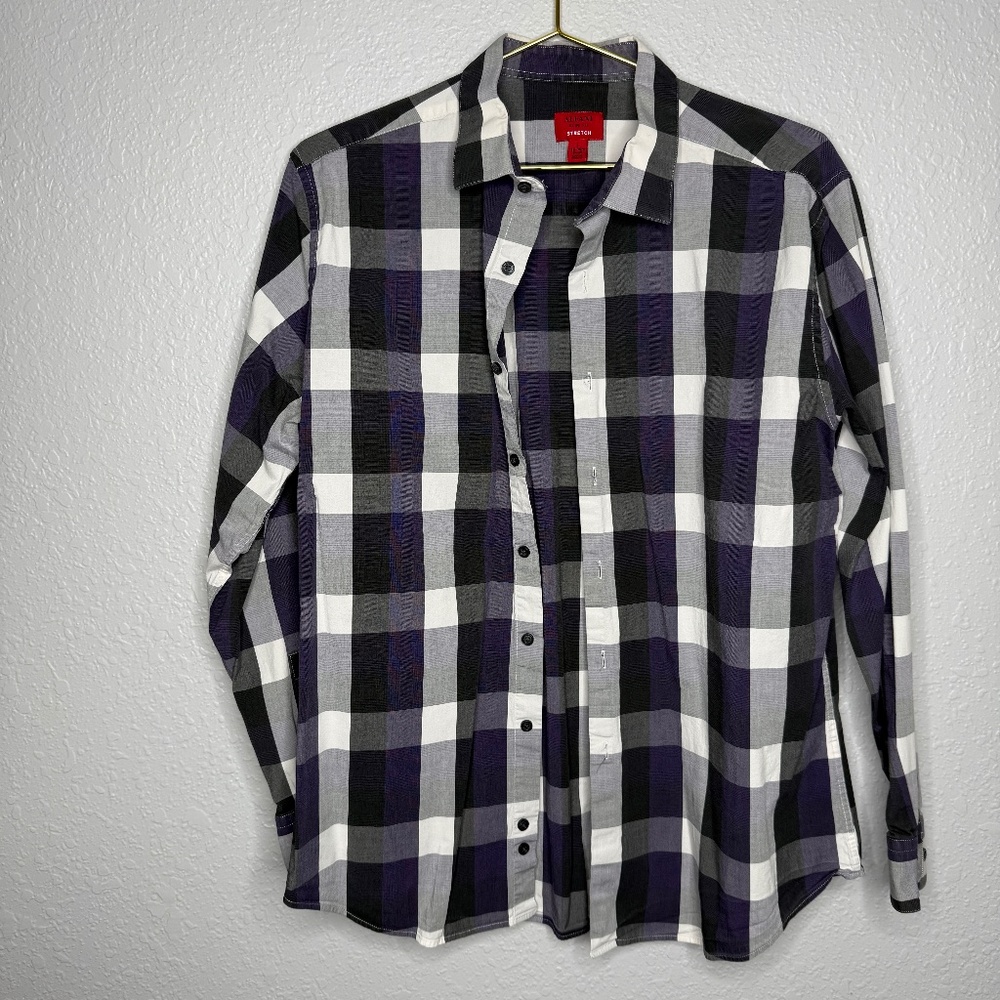 Alfani Slim Fit‎ Stretch pruplr /black/grey button down shirt size Large